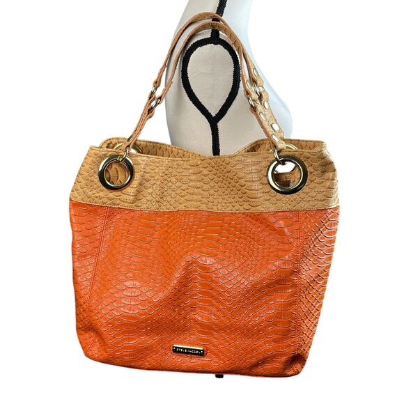 Steve Madden Women's Tote Shoulder Bag Large Orange Cognac Faux Leather - Picture 4 of 16